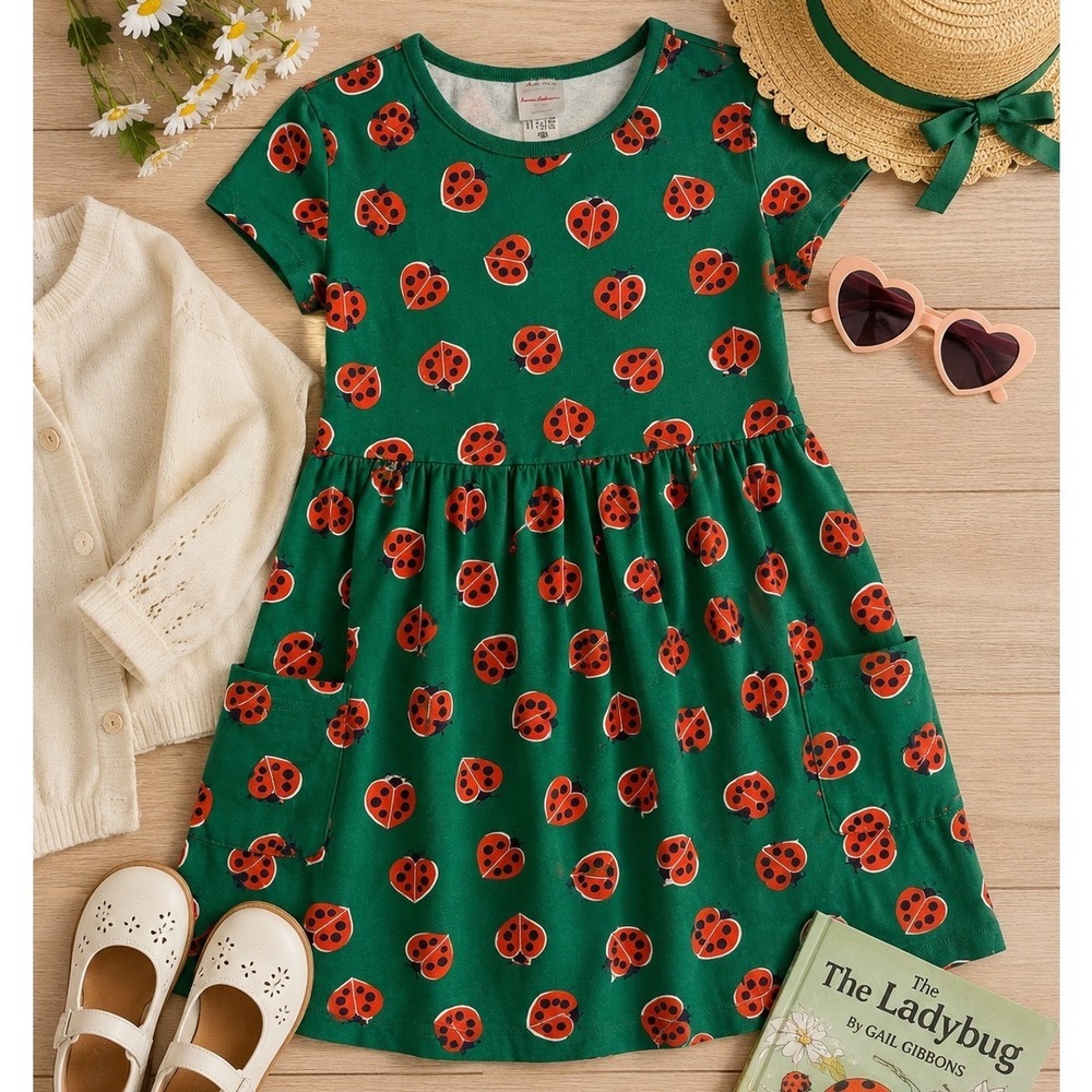 Hanna Andersson Pocket Dress Kids 12 Green Love Bugs Ladybug Heart 65642